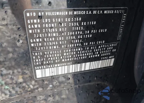 2021 Volkswagen Tiguan 2.0T Se/2.0T Se R-Line Black/2.0T Sel from USA, damaged, VIN 3VV3B7AX2MM099162